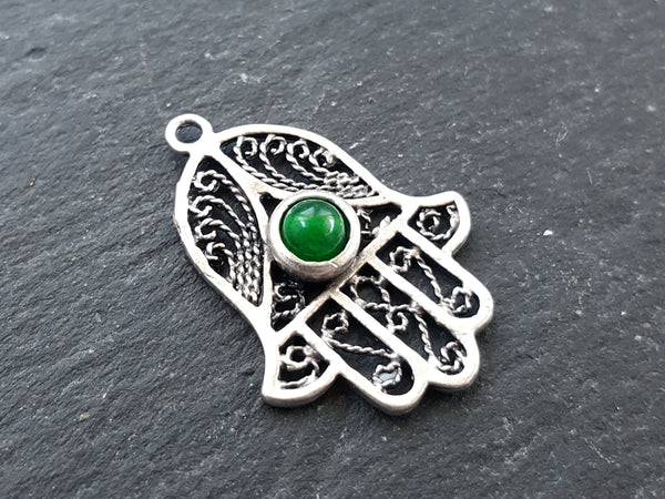 Filigree Hand of Fatima Hamsa Pendant Charm with Emerald Green Smooth Cut Jade Accent - Antique Matte Silver Plated