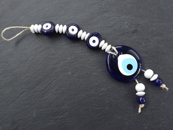 Evil Eye Wall Hanging, White, Navy Blue, Turkish Evil Eye, Lucky, Protective, Wall Hanging, Home Decor, Garden Decoration, Artisan,