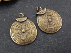 Round Bronze Coin Tribal Charms, Ethnic Spiral Disc Pendant, Antique Bronze Plated, 2pc