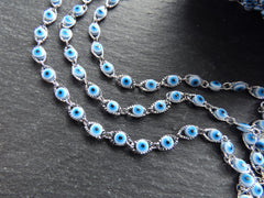 Evil Eye Chain, Moving Glass Beads, Marquee Crimped Link Chain 7x4.5mm, DIY Jewelry Making, Shiny Silver Plated Brass, Small, 50cm