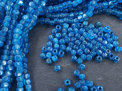 BULK - 30 Aegean Blue Rustic Cube Glass Bead - Square Dice Shape Traditional Turkish Artisan Handmade - 7mm - Turkish Glass Beads