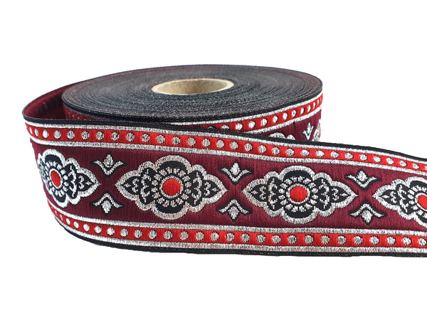 Red Silver Oriental Ethnic Woven Jacquard Trim, Renaissance Embroidered Ribbon, 35mm, Sewing Supply