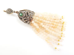 Large Long Salmon Beige Jade Stone Beaded Tassel with Crystal Accents - Antique Bronze - 1PC