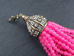Pink Gemstone Beaded Tassel Pendant, Jade Beads, Antique Bronze Rhinestone Cap with Bail, 1P