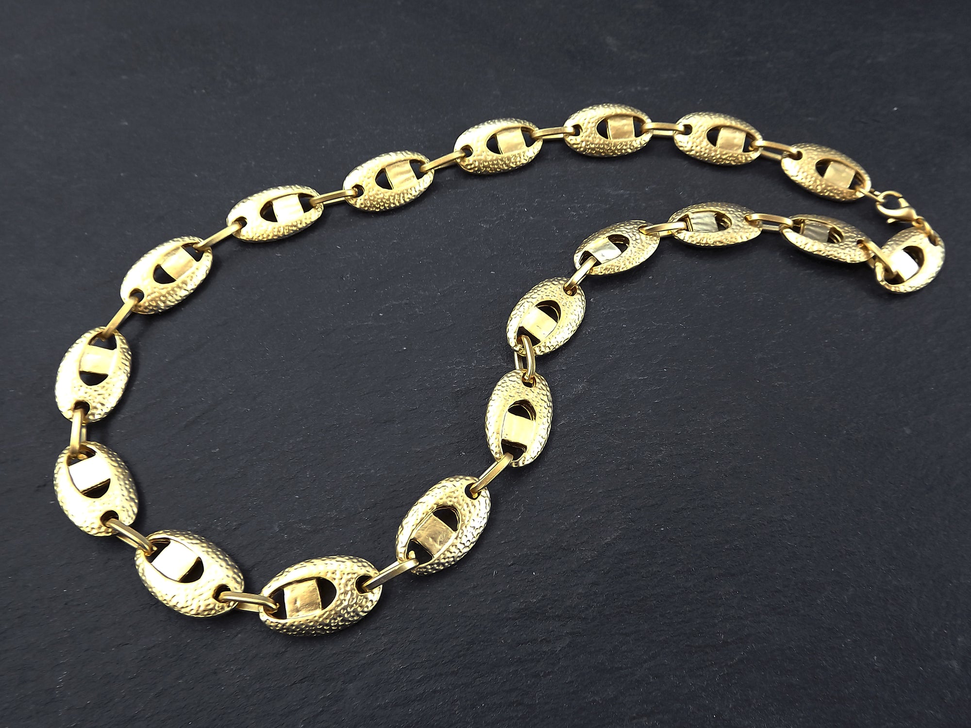 Gold Necklace Chain with Clasp, Chunky Textured Oval, Blank chain, 22k Matte Gold Plated, 19"