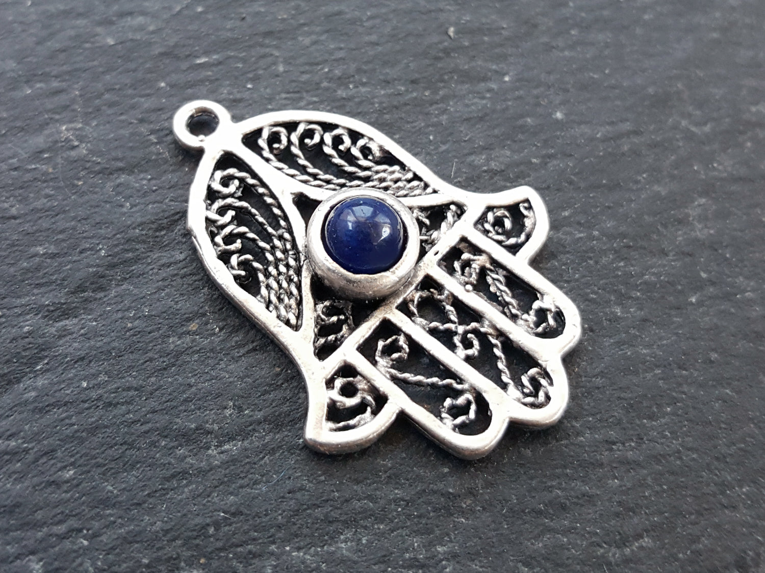 Filigree Hand of Fatima Hamsa Pendant Charm with Navy Blue Smooth Cut Jade Accent - Antique Matte Silver Plated