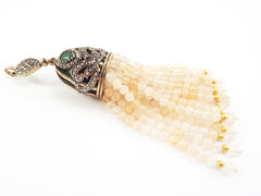 Large Long Salmon Beige Jade Stone Beaded Tassel with Crystal Accents - Antique Bronze - 1PC