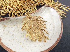 Gold Conifer Leaf Branch Pendant Charm, Metal Leaf Pendant, 22k Matte Gold Plated