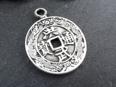 Chinese Coin Pendant, Good Fortune Pendant, Feng Shui Coin Charm, Matte Antique Silver Plated, 1pc