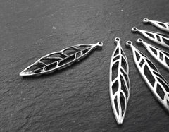 Long Leaf Charms, Thin Leaf Charms, Silver Leaf Charms, Skeleton Leaf, Marquise Leaf Drops, Silver Leaves, Matte Antique Silver Plated, 6pc