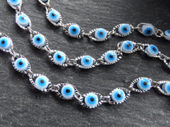 Evil Eye Chain, Moving Glass Beads, Marquee Crimped Link Chain 7x4.5mm, DIY Jewelry Making, Shiny Silver Plated Brass, Small, 50cm