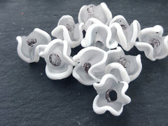 White Zig Zag Line Frosty Translucent Pinched Wave Artisan Handmade Glass Bead - 15 x 12mm - 10pcs