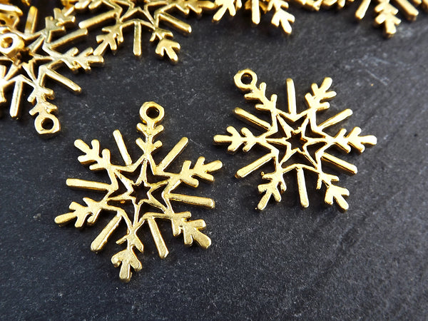 Gold Snowflake Pendant, Snowflake Charms, Winter Charm, Christmas, Holidays, 22k Matte Gold Plated Brass , 2pc