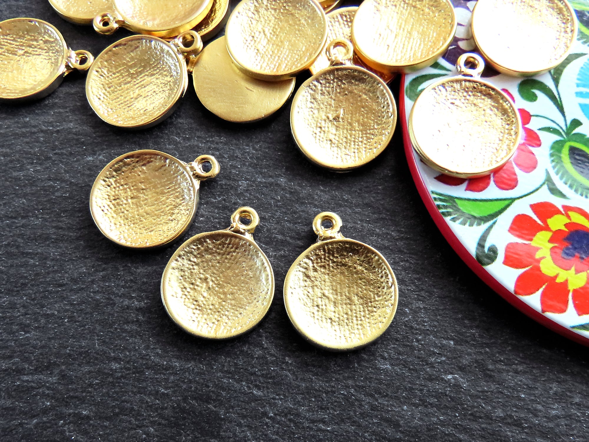 Gold Plated Crinkle Circle Charms 12 Pcs