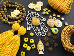 Silver Hamsa Pendant with Yellow Jade Tear Drop Stone, Hand of Fatima Pendant, Hamsa Jewelry, Gemstone Hamsa, Matte Antique Silver, 1pc