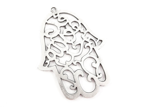 Extra Large Fretwork Hamsa Hand of Fatima Pendant Charm - Matte Antique Silver Plated - 1PC