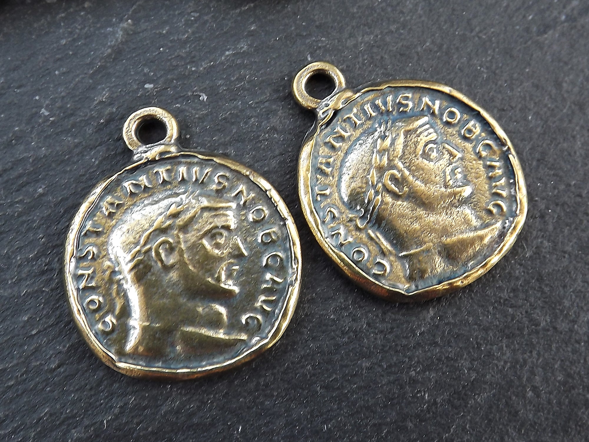 Bronze Roman Coin Pendant Charm, Constantius Necklace Medallion, Jewelry Making, Antique Bronze, 2pc