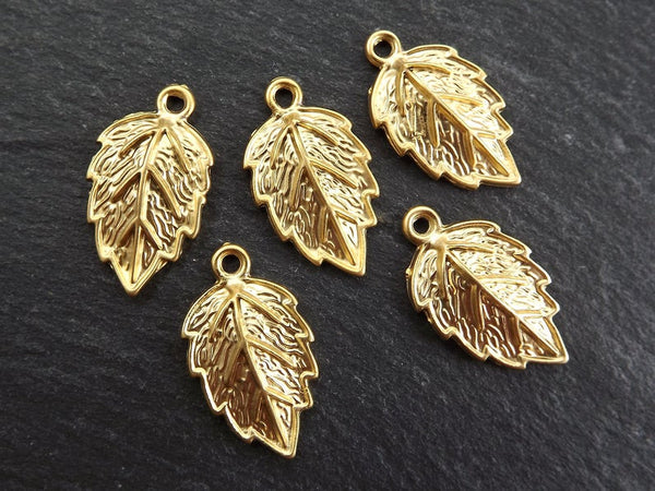 Small Leaf Pendant Charm, Serrate Metal Leaves Drop Foliage Charms, 22k Matte Gold Plated