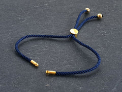 Navy Blue Adjustable Rope Slider Bolo Cord Bracelet Blank, 2mm, Gold Sliding Bead 1pc