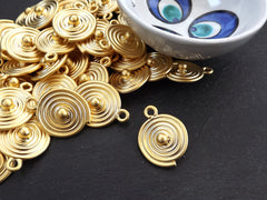 Round Gold Coin Tribal Ball Dot Charms, Ethnic Spiral Disc Pendant, 22k Matte Gold Plated, 1pc