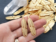 2 Slim Slightly Curved Feather Pendant Charms - 22k Matte Gold Plated