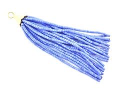 Cornflower Blue Afghan Tibetan Heishi Tube Beaded Tassel - Handmade - Textured 22k Matte Gold Plated Cap - 92mm = 3.62inches -1PC