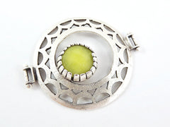 Lime Green Jade Stone Fretworked Circle Connector Pendant - Matte Silver Plated - 1PC