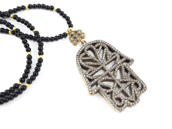 Sparkly Hamsa Hand of Fatima Rhinestone and Gemstone Necklace -  Black Facet Cut Onyx Stone