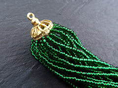 Emerald Green Beaded Tassel Pendant Charm, Earring Pendant, Green Beaded Fringe,Non Tarnish, 22k Matte Gold Plated Brass Cap, 1pc