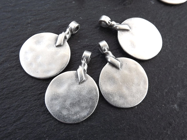 Silver Thin Round Rustic Disc Pendants, Plain Silver Disc Pendants, Hammered Disc Charms, Jewelry Making Supplies, Matte Antique Silver, 4pc