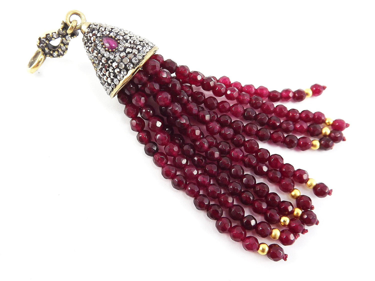 Large Long Garnet Red Facet Cut Jade Stone Beaded Tassel with Encrusted Crystal Accents - Antique Bronze - 1PC