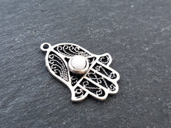 Filigree Hand of Fatima Hamsa Pendant Charm with White Smooth Cut Jade Accent - Antique Matte Silver Plated