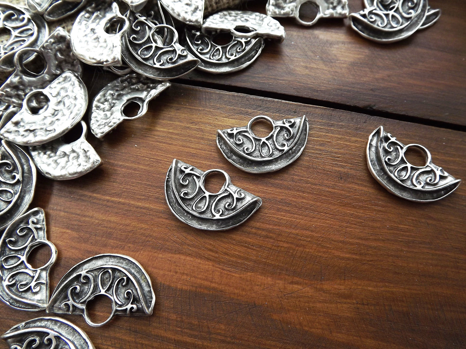 Tribal Ethnic Semi Circle Pendant Charms with Large Loop - Matte Antique  Silver Plated - 2pc