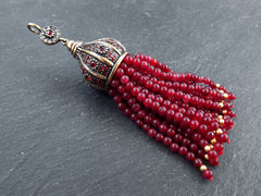 Red Gemstone Beaded Tassel Pendant, Jade Beads, Bronze Rhinestone Cap