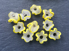 Yellow Zig Zag Line Frosty Translucent Pinched Wave Artisan Handmade Glass Bead - 15 x 12mm - 10pcs