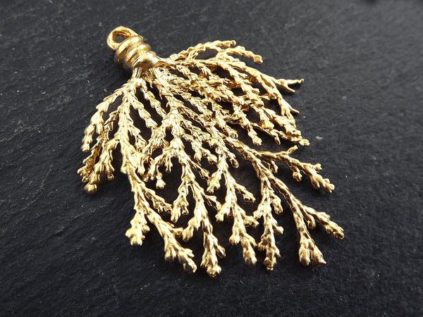 Gold Conifer Leaf Branch Pendant Charm, Metal Leaf Pendant, 22k Matte Gold Plated