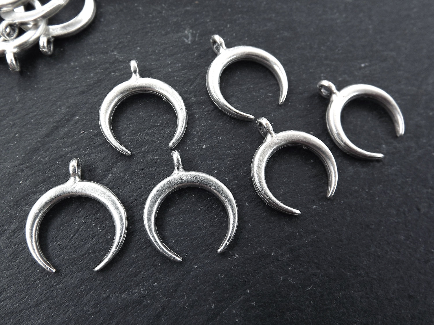 6 Small Crescent Pendant Charms Tribal Double Horn Charms Antique Matte Silver Plated Turkish Jewelry Making Supplies Findings Components