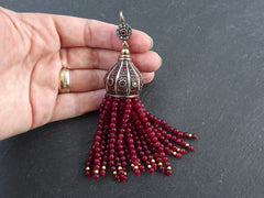 Red Gemstone Beaded Tassel Pendant, Jade Beads, Bronze Rhinestone Cap