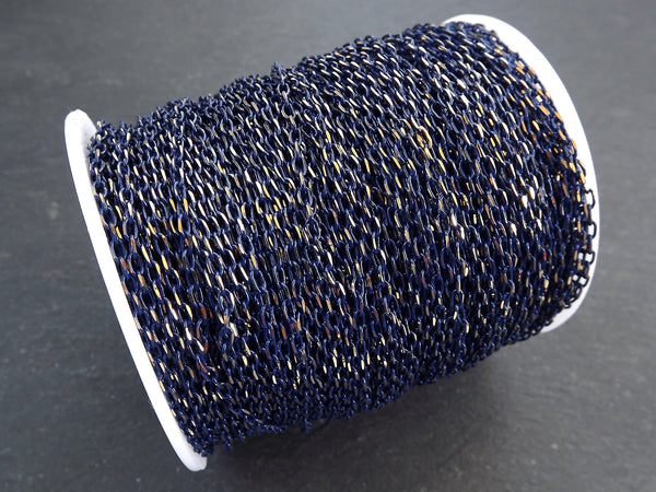 3 x 2mm Navy Blue Gold Diamond Cut Cable Chain, Oval Link Chain, 2 Meters