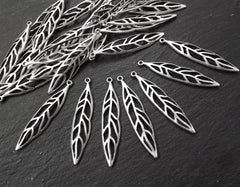 Long Leaf Charms, Thin Leaf Charms, Silver Leaf Charms, Skeleton Leaf, Marquise Leaf Drops, Silver Leaves, Matte Antique Silver Plated, 6pc