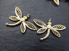 Small Gold Filigree Dragonfly Charm Pendant, Horizontal Loop, 22k matte Gold Plated, 2pcs