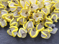 Yellow Zig Zag Line Frosty Translucent Pinched Wave Artisan Handmade Glass Bead - 15 x 12mm - 10pcs
