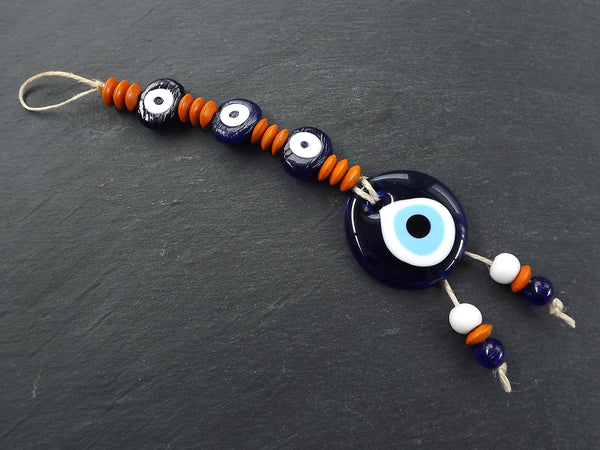 Evil Eye Wall Hanging, Orange, Navy Blue, Turkish Evil Eye, Lucky, Protective, Wall Hanging, Home Decor, Garden Decoration, Artisan