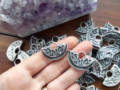 Tribal Ethnic Semi Circle Pendant Charms with Large Loop - Matte Antique Silver Plated - 2pc