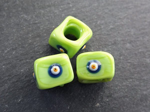 Lime Green Square Evil Eye Beads, Protective Turkish Nazar, Good Luck Bead, 10mm, 3pc