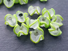 Lime Green Zig Zag Line Frosty Translucent Pinched Wave Artisan Handmade Glass Bead - 15 x 12mm - 10pcs