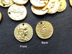 Gold Roman Coin Pendant Charm, Julia Domna Replica Coin Medallion, Ancient Greek Coin, 22k Matte Gold Plated, 1pc
