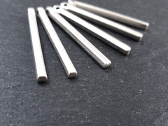 Small Short Slim Silver Vertical Square Bar Rod Pendant Charm, Matte Antique Silver Plated, 6pc