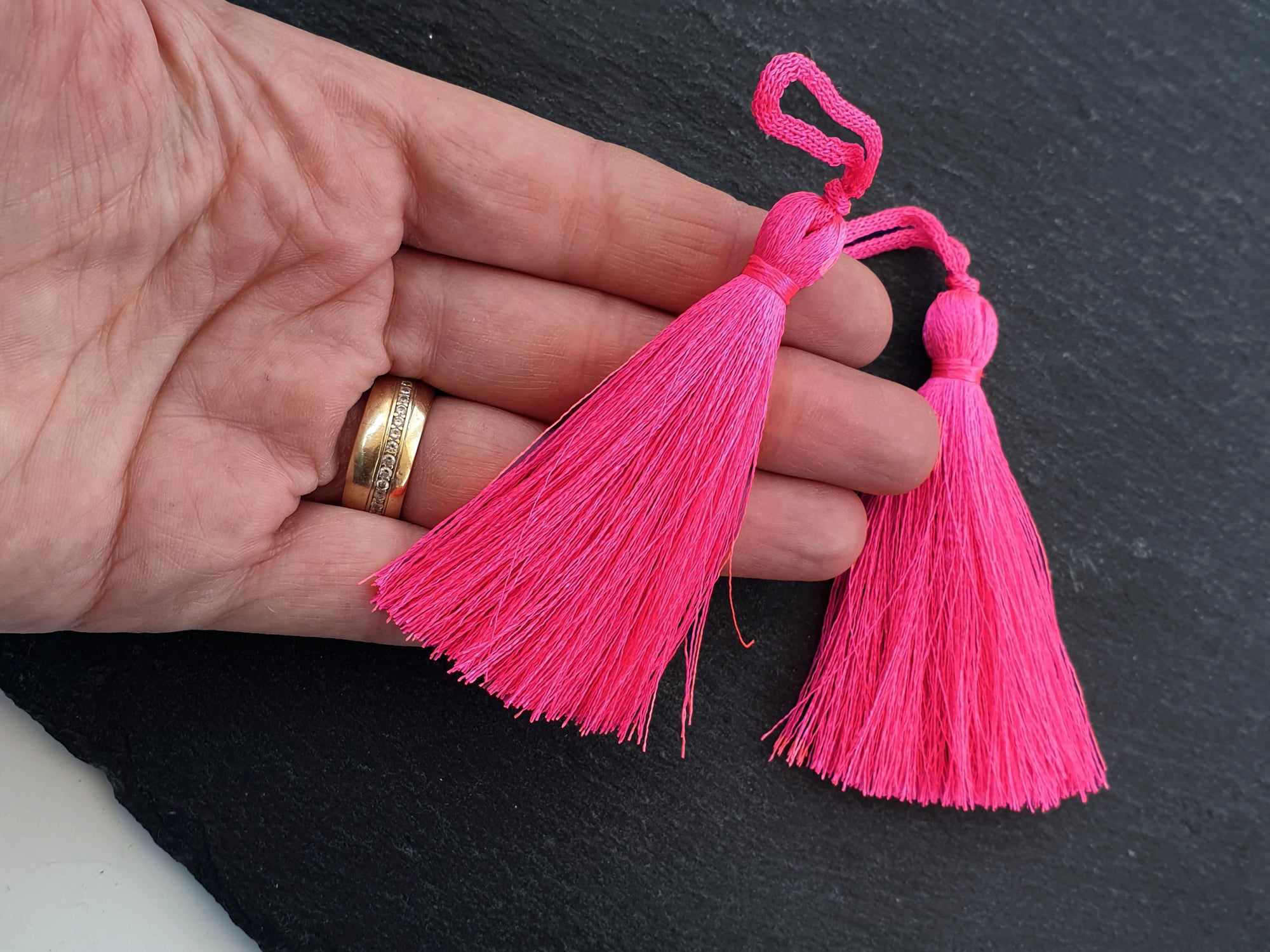 Fuchsia Pink faux/vegan Leather Tassel and Ribbon 