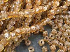 BULK - 30 Caramel Honey Yellow Rustic Cube Glass Bead - Square Dice Shape Traditional Turkish Artisan Handmade - 7mm - Turkish Glass Beads